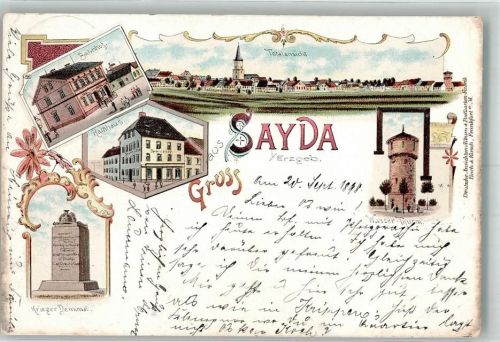 09619 O9215 Sayda 1899 Gebrauchsspuren Lithographie Wasserturm Kriegerdenkmal Rathaus Bahnhof