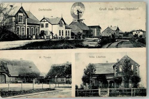 24376 W2340 Schwackendorf 1909 Gebrauchsspuren Villa Lischke Bauerhof Tüxen Dorfstraße Windrad Bahnpoststempel