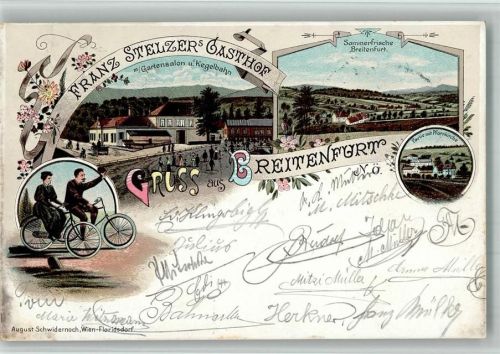 Breitenfurt 1898 Lithographie Gasthaus Stelzer Pfarrkirche Fahrrad