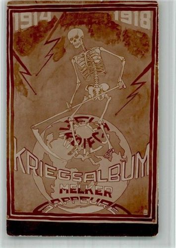 Kriegsalbum Melker Sappeure Der Tod mit Sense sitzt auf einer Weltkugel Propaganda WK I 1914 BOAKC