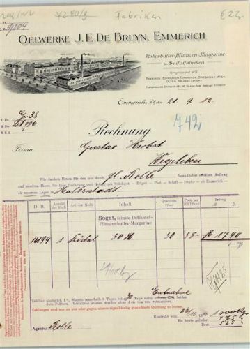 46446 W4240 Emmerich Briefkopf Rechnung von 1912 Oelwerke J. E. De Bruyn