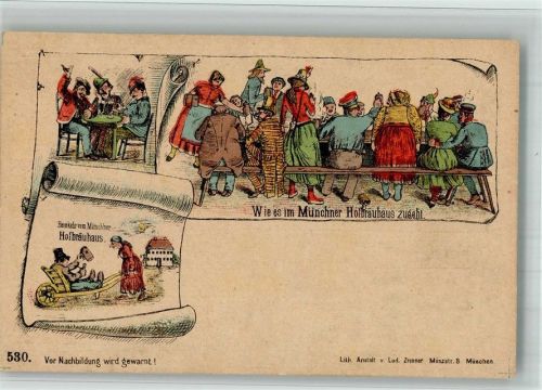 80331 W8000 München BOAKC Vorläufer Druck 1880 - 1889 Lithographie Wie es im Münchner Hofbräuhaus zugeht Humor