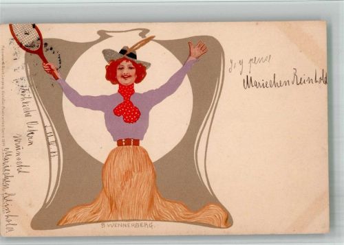 1903 sign. B. Wennerberg , Tennis Lithographie , Meissner u. Buch Serie 1039