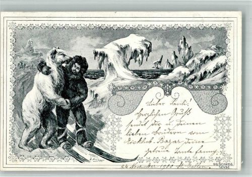 1900 Eisbär Polarforscher sign Hiebner Künstlerkarte BOAKC