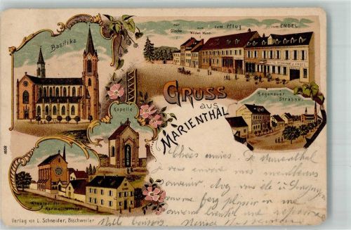 Marienthal 1900 Lithographie Marienthal Kloster der Karmeliterinnen Basilika Kapelle Gasthaus zur Glocke Hagenauer Strasse