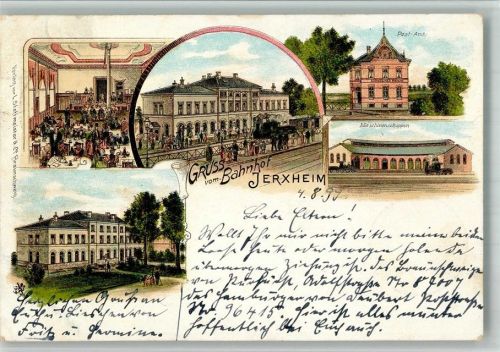 Jerxheim 1899 Lithographie Bahnhof Jerxheim Gastraum Maschinenschuppen Postamt Bahnpoststempel