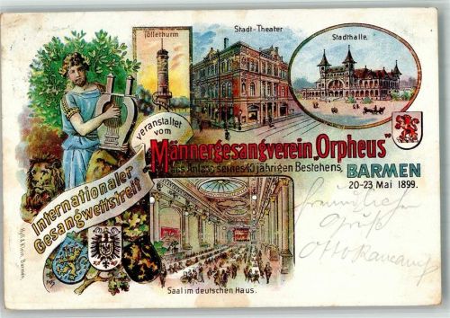 Barmen 1899 Lithographie 40 Jahre Männergesangverein Orpheus 1899 Lyraspieler Festsaal Tolletturm Stadttheater Stadthalle Wappen