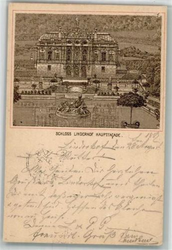 Linderhof 1887 Gebrauchsspuren Scan genau beachten! Schloss Linderhof Hautfassade Lithographie