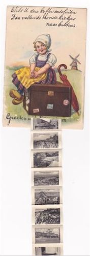 Scheveningen ausziehbarer Papierstreifen Hollandkind Holzschuhe Windmühle Koffer Wandelpier Hotel Kurhaus Boulevard Strandleven Leuchtturm