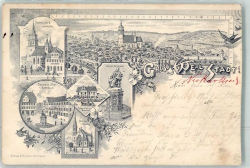 71263 W7252 Weil der Stadt 1897 Gebrauchsspuren Kepler Denkmal Stadtkirche Brenz-Kirche Gasthaus zur Post Schwalbe Lithographie beschnitten