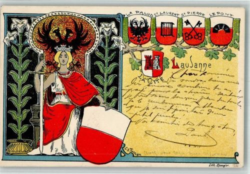 Lausanne Losanna Helvetia Lithographie Wappen sign. E.D. Turrian Jugendstil 1900 BOAKC