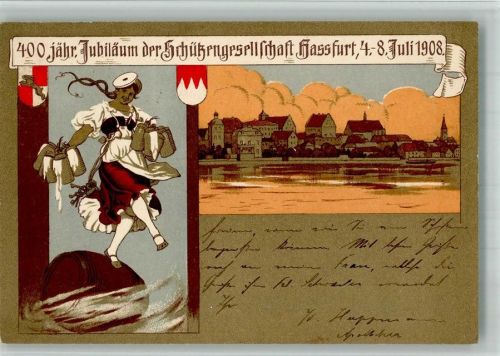 Haßfurt 1908 Lithographie 400 jähr. Jubiläum der Schützengesellschaft Hassfurt 1908 Bedienung Bierkrüge Bierfass Wappen