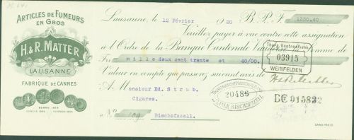 Lausanne 1920 Werbung H. & R. Matter Articles de Fumeurs en gros Rechnung Thurgauische Kantonalbank 10,7 cm hoch 28 cm lang