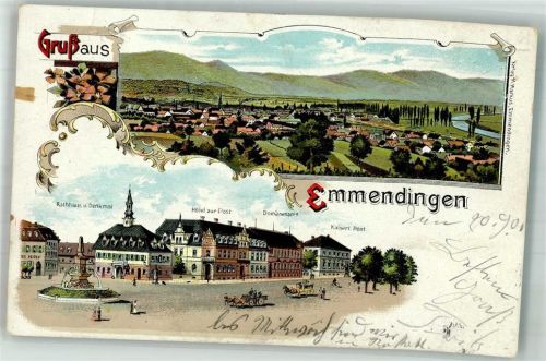 Emmendingen 1901 Rathaus Brunnen Hotel zur Post Domänenamt Kaiserl. Post