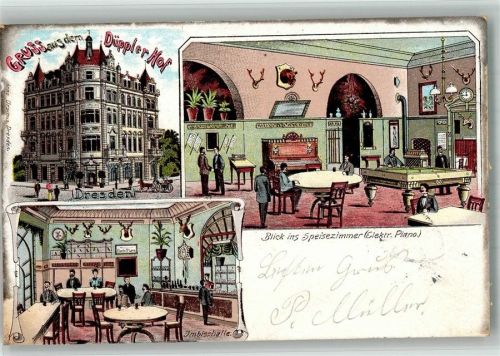 01067 O8000 Dresden 1902 BOAKC Lithographie Gasthaus Düppler Hof Speisezimmer Elektr. Piano Billardtisch Imbißhalle