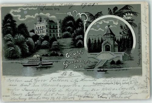 Berg 1901 Kgl. Schloss Gedächnisskapelle König Ludwig II. Dampfer Lithographie Mondschein