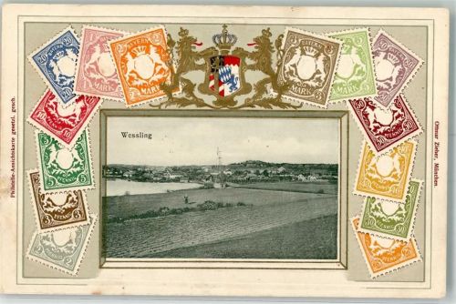 82234 W8031 Weßling , Oberbay Prägedruck Briefmarken-AK Wessling Wappen Verlag Ottmar Zieher-München