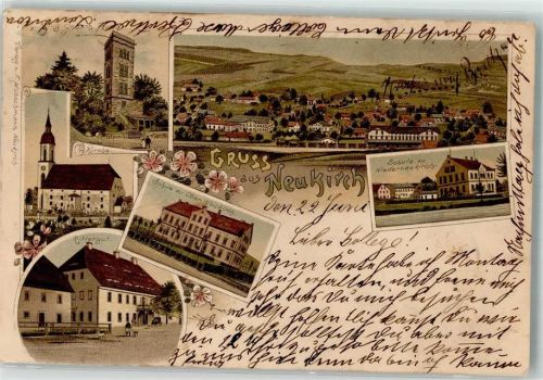 Neukirch 1897 Lithographie König Johann-Turm Rittergut Schulhaus Bahnhof