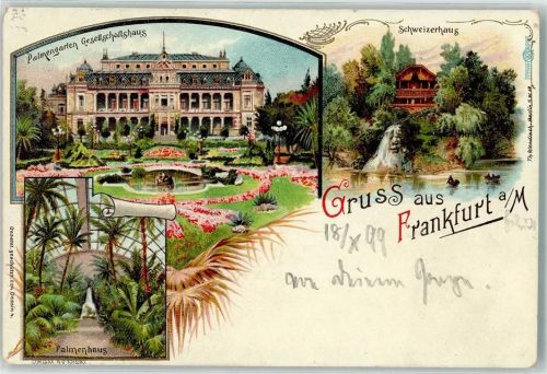 60308 W6000 Frankfurt am Main 1899 Lithographie Palmengarten Gesellschaftshaus Schweizerhaus Palmenhaus Ruderboot Blumen Gruss