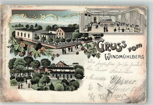 38350 W3330 Windmühlenberg 1901 Lithographie Gasthaus Etablissement Gartenanlage Saal