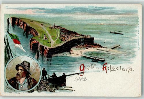Helgoland 1902 Vogelschau Fischerboot Hafen Fahne grün rot weiß Dampfer