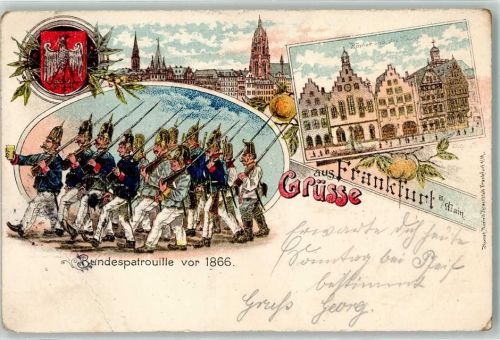 Frankfurt 1902 Bundespatrouille vor 1866 Uniform Wappen Lithographie