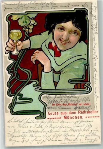 München 1899 Gruss aus dem Ratskeller Fau hat ein Weinglas + Adelskorrespondenz