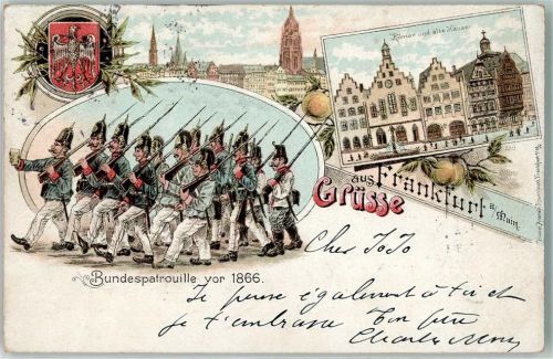 Frankfurt 1896 Bundespatrouille Römer u. alte Häuser Wappen