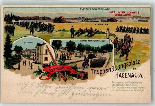 Haguenau 1912 Truppenübungsplatz Baracken Schiessplatz Strasse im unteren Lager Soldaten Uniform Gruss Gewehr Pickelhaube