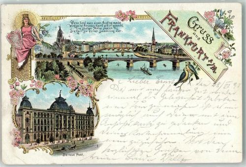 60308 W6000 Frankfurt am Main 1898 Lithographie Neue Post Main Brücke