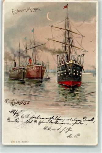1898 Gruss aus Hafen am Morgen Segelschiff