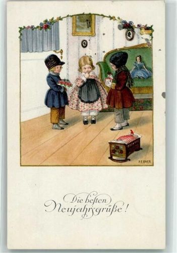 1924 Neujahrsgrüße Kinder überreichen verlegenem Mädchen Geschenke Puppe M.M. Nr. 1202
