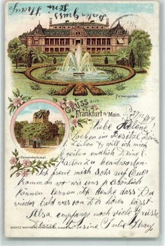Frankfurt 1899 Palmengarten Springbrunnen Hessendenkmal