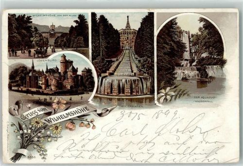 34117 W3500 Wilhelmshöhe 1899 Lithographie die Cascaden Aquadukt Wasserfall Löwenburg Wilhelmshöhe von der Allee