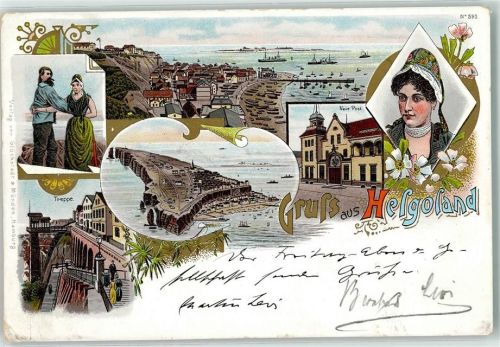 Helgoland 1900 Tracht Schiff Treppe Lithographie