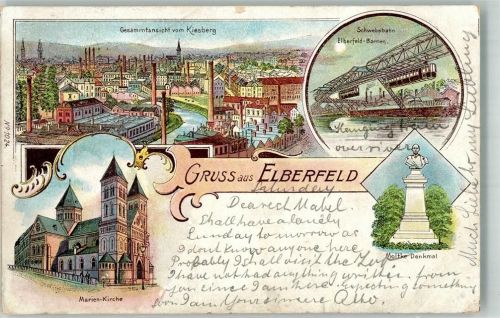 42103 W5600 Elberfeld 1899 Lithographie Schwebebahn Marienkirche Moltke Denkmal