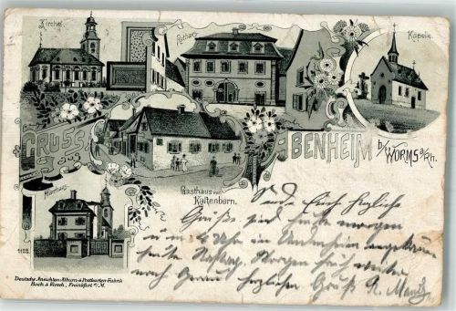 67547 W6520 Abenheim 1899 Gebrauchsspuren Lithographie Kirche Rathaus Pfarrhaus Kapelle viele Büge