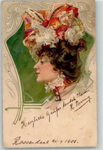 mit Glimmer - Glitzerauflage Hutmode Jugendstil 1901 Lithographie