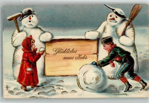 1908 Kinder bauen einen Schneemann Neujahr