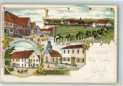 36323 W6325 Udenhausen , Kr Alsfeld BOAKC Gasthaus C. Sommer Kirche Schule Lithographie
