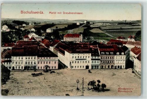Bischofswerda Markt Dresdnerstraße Hotel Zum goldenen Engel Molkerei Destilationsgeschäft Bahnpost Zug 918