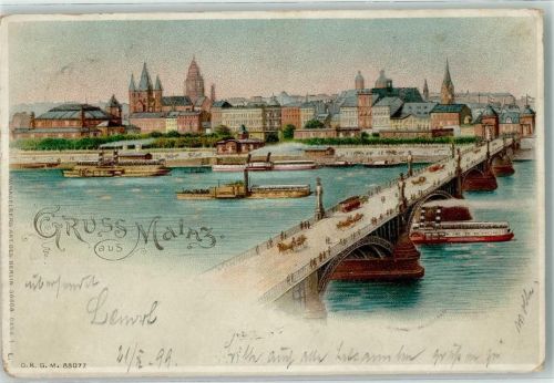 W6500 Mainz a Rhein Dess 1 L Gruss aus Brücke Binnenschiffe Pferdestraßenbahn HGL 1898 Lithographie / Künstlerkarte