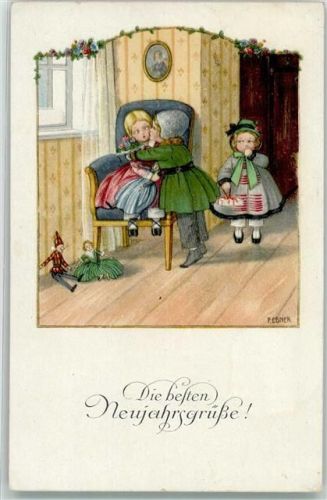 1920 Neujahrsgrüße Junge knutscht verdutztes Mädchen auf dem Sessel Puppe M.M. Nr. 1202