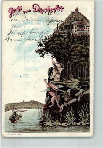 53639 W5330 Drachenfels 1898 Lithographie Sage vom Drachenfels Drache Hotel-Gasthaus Drachenfels