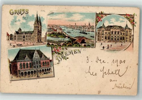 Bremen 1900 Lithographie Rathaus Hafen Börse Bremer Dom