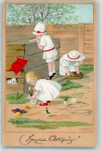 Verlag M. Munk Nr. 956 Herzliche Ostergrüsse! Drei Mädchen suchen Ostereier Küken Hasen