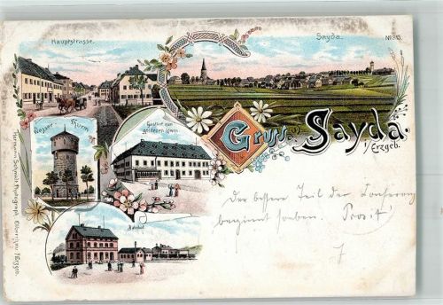 Sayda 1897 Lithographie Wasserturm Gasthaus z. goldenen Löwen beschnitten
