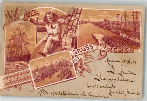 28195 W2800 Bremen 1898 Gebrauchsspuren Lithographie Freihafen Bremerhaven