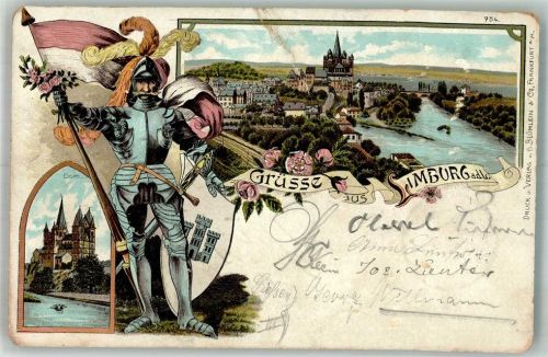 Limburg 1900 Lithographie Ritter Limburger Dom Lahn Wappenschild Einriß
