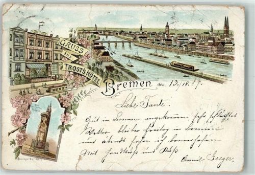 Bremen 1898 Steinerne Roland Trosts Hotel Straßenbahn Lithographie